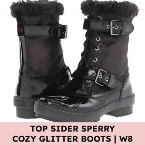 Sperry Top-Sider Alpine Fur Lined Glitter Combat Boots Black Women’s 8M